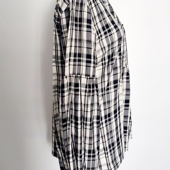 Black & White Plaid Baby Doll Blouse Holidaywear Cottagecore Balloon Sleeve - Picture 7 of 9